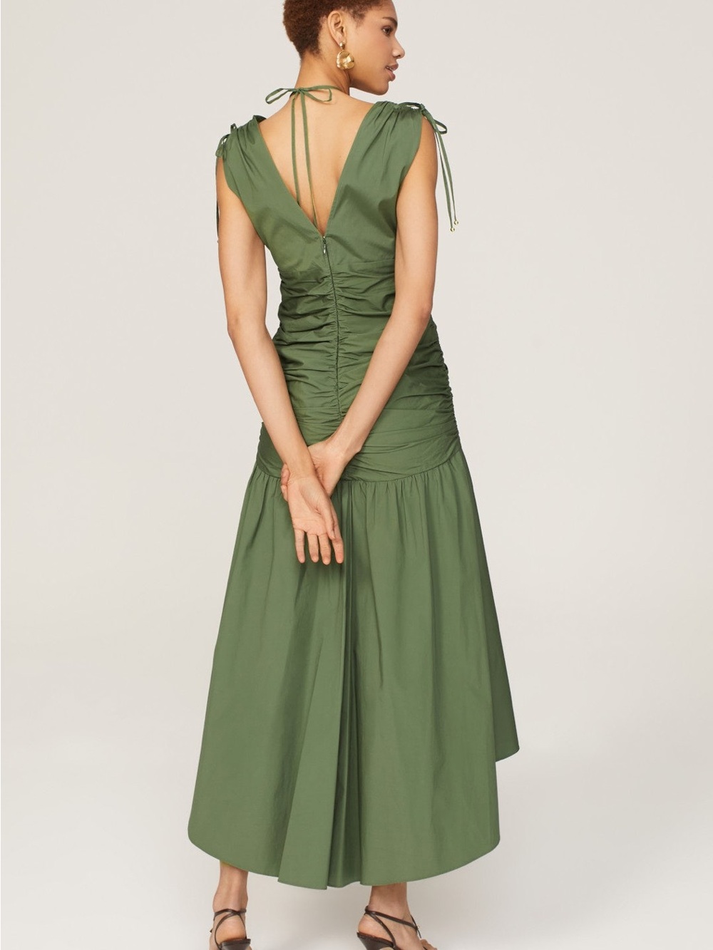 Veronica Beard Olive Green Ruched High-Low Midi Dress - Picture 3 of 8